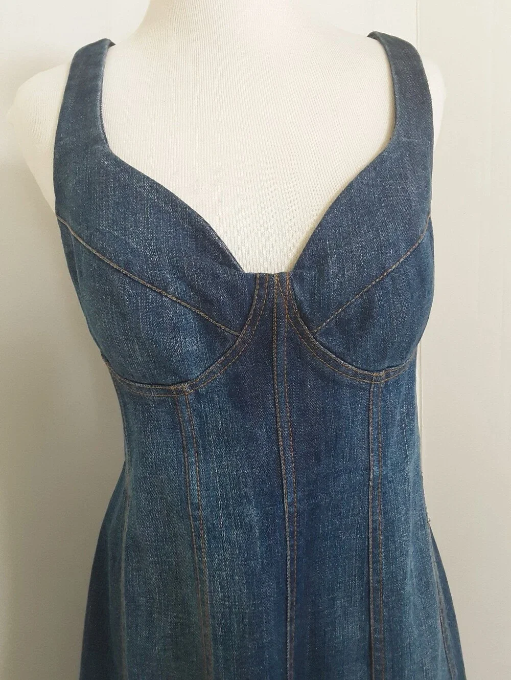 Heavy Dark Wash Denim Fit-N-Flare Structured Sweetheart Bust Dress Sz 10 - NWOT - Picture 2 of 9